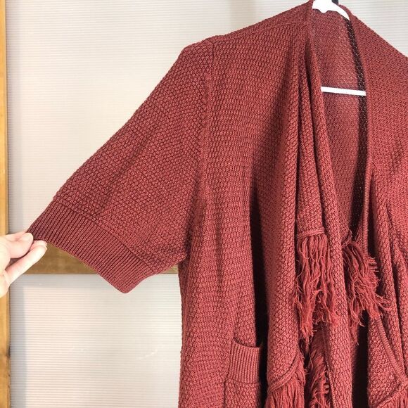 Opening CEREMONY Merino Wool Dark Red‎ Fringe Scarf Short Slv Long Knit Cardigan - Picture 9 of 10